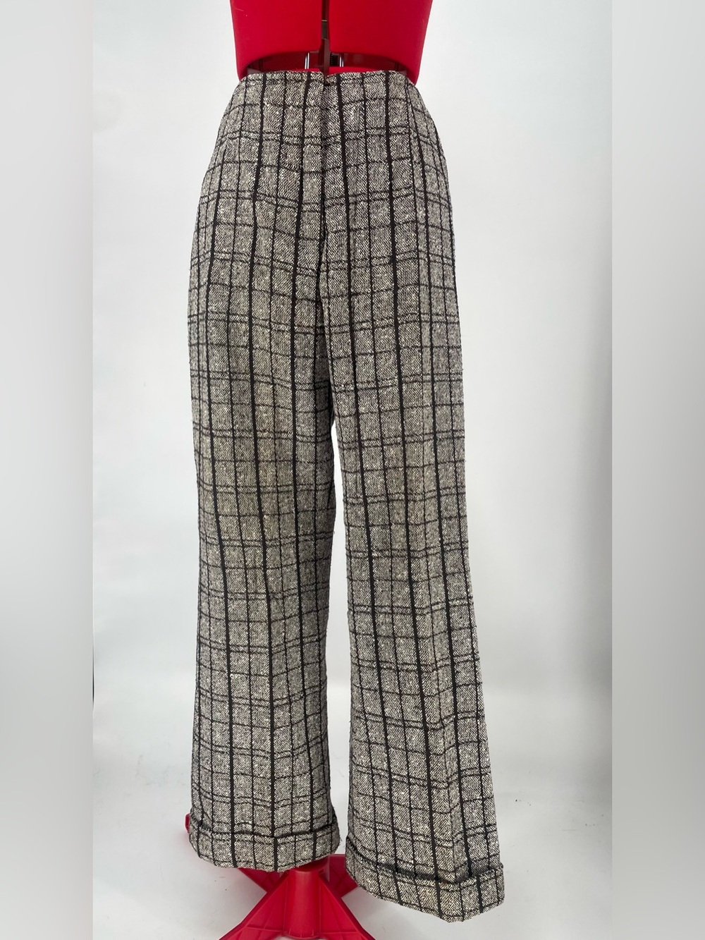 VTG 60s 70s Wool Blend Textured Tweed Plaid Cuffed High Rise Trousers